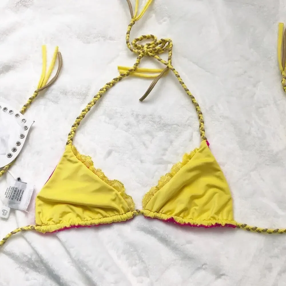 Beach bunny lady lace pink polka dot yellow reversible bikini top small braided